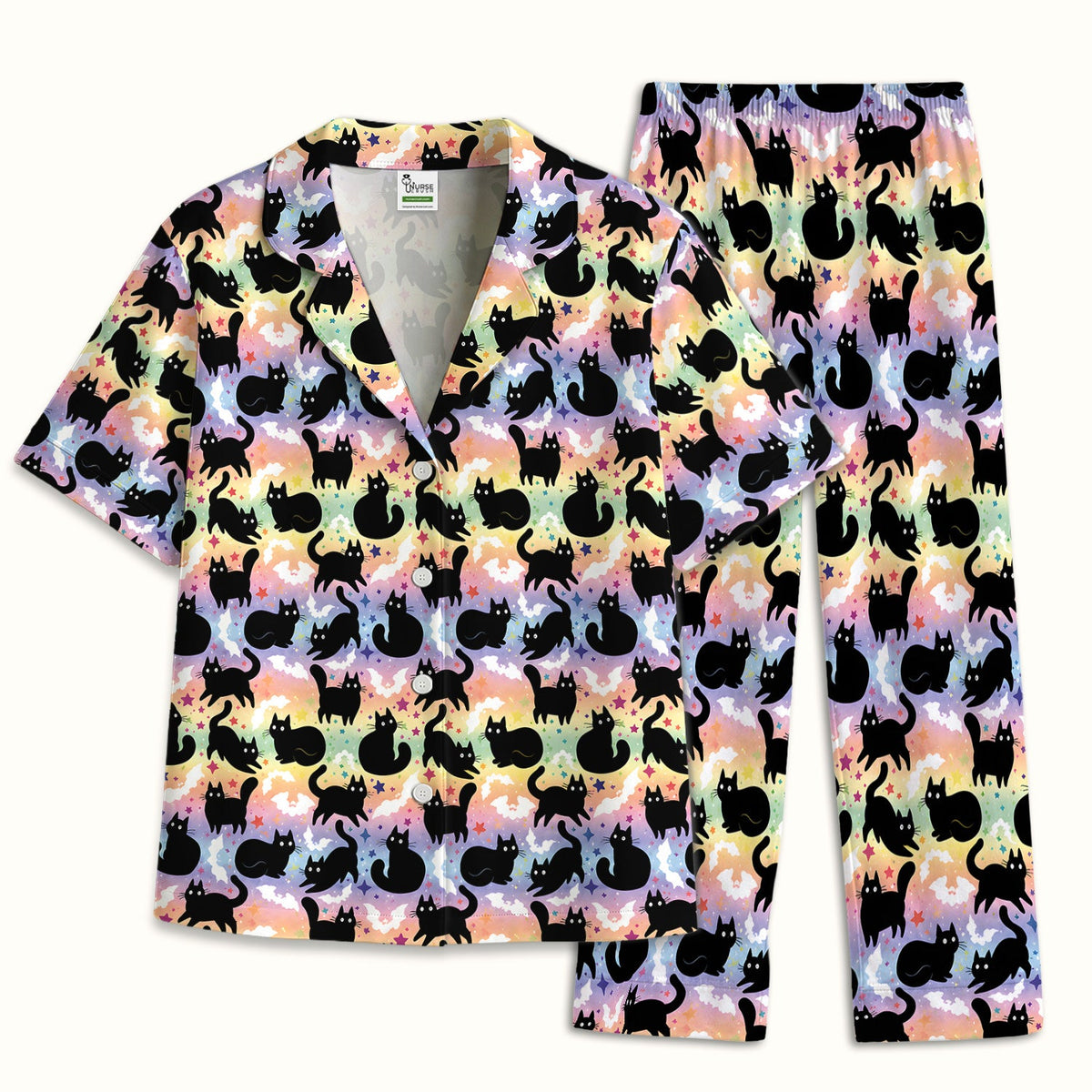 Pastel Star Black Cat Nurse Pajama Set