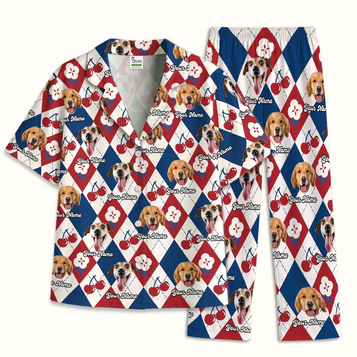 Dog Face Cherry Argyle Pajama Set