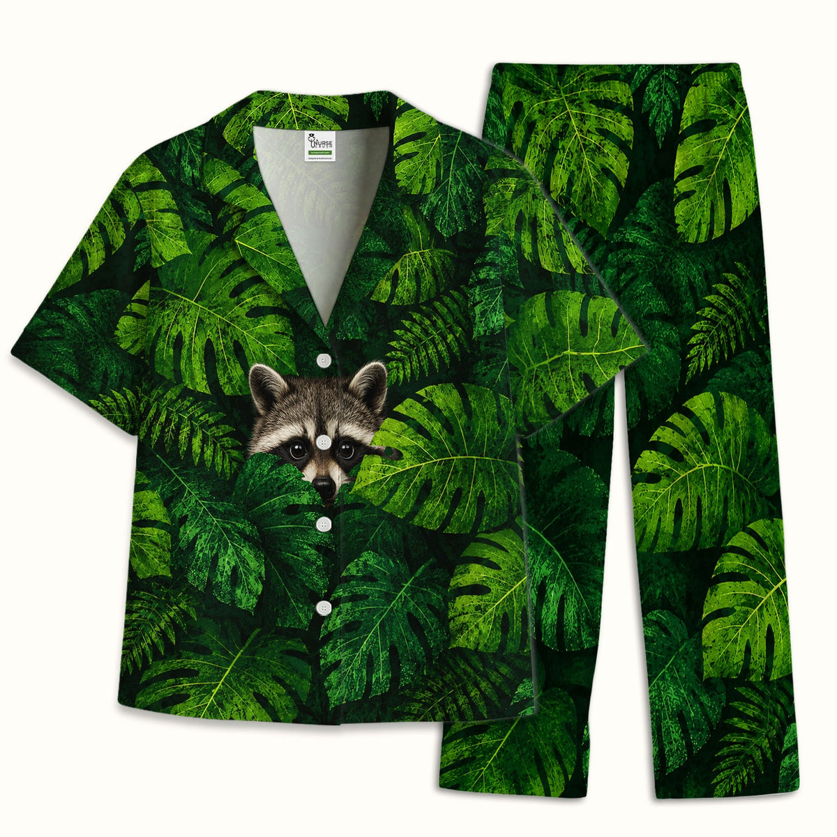 Raccoon Tropical Leaf Nurse Pajama Set