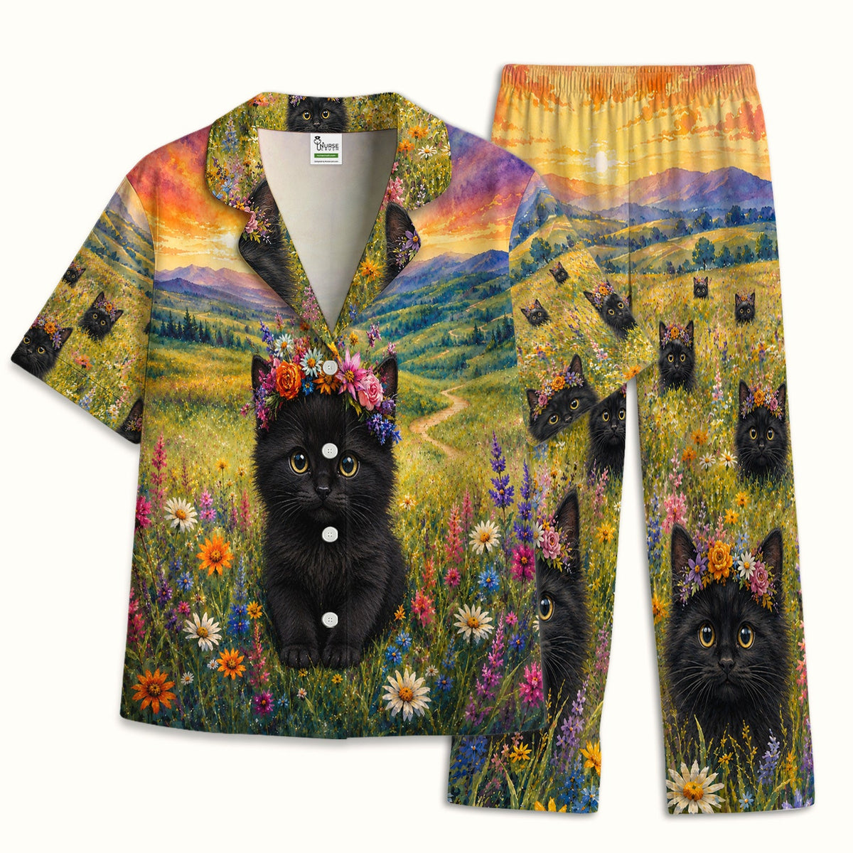 Black Kitten Flower Meadow Pajama Set