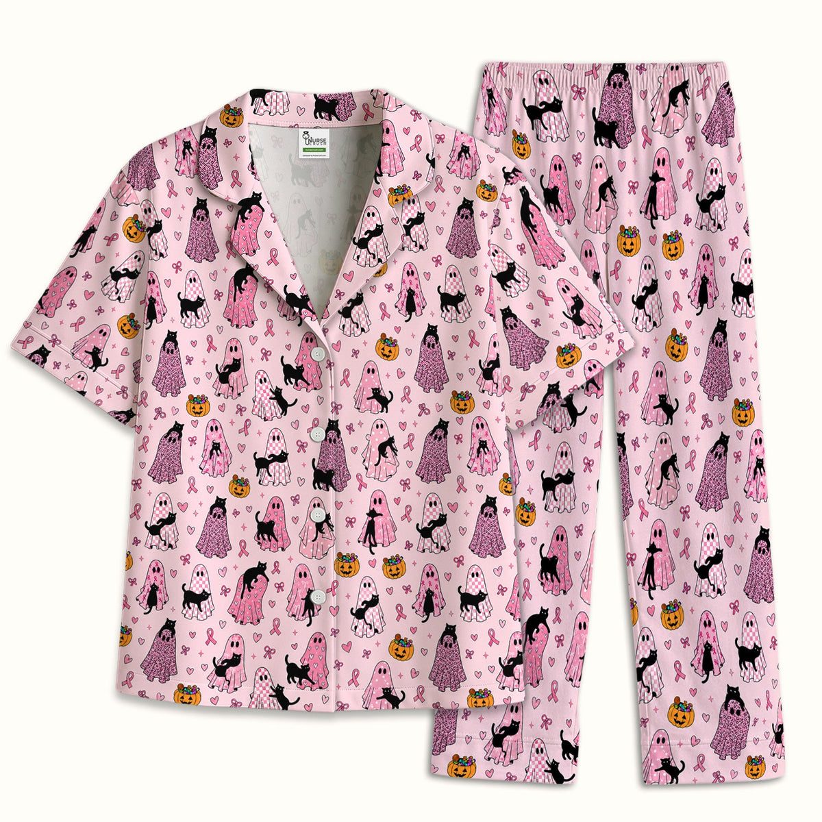 Breast Cancer Awareness Ghost Cat Nurse Pajama Set