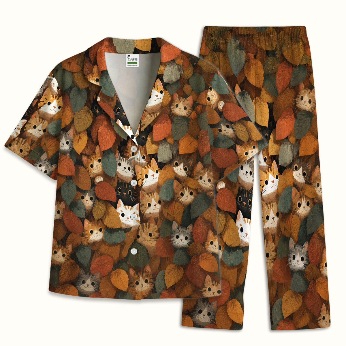 Cute Autumn Cat Leaf Pile Pajama Set