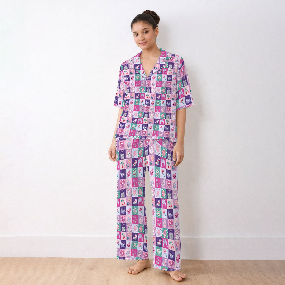 Pastel Cat Patchwork Kawaii Nurse Pajama Set