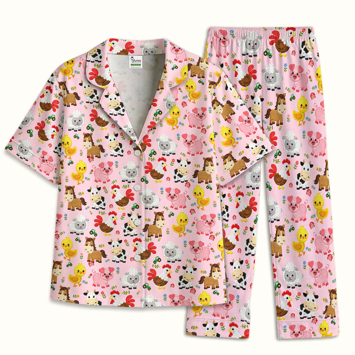 Cartoon Farm Animal Nurse Pajama Set