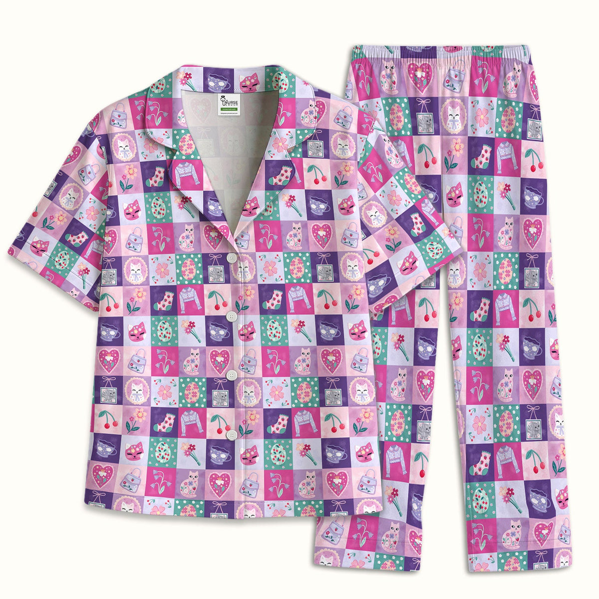 Pastel Cat Patchwork Kawaii Nurse Pajama Set