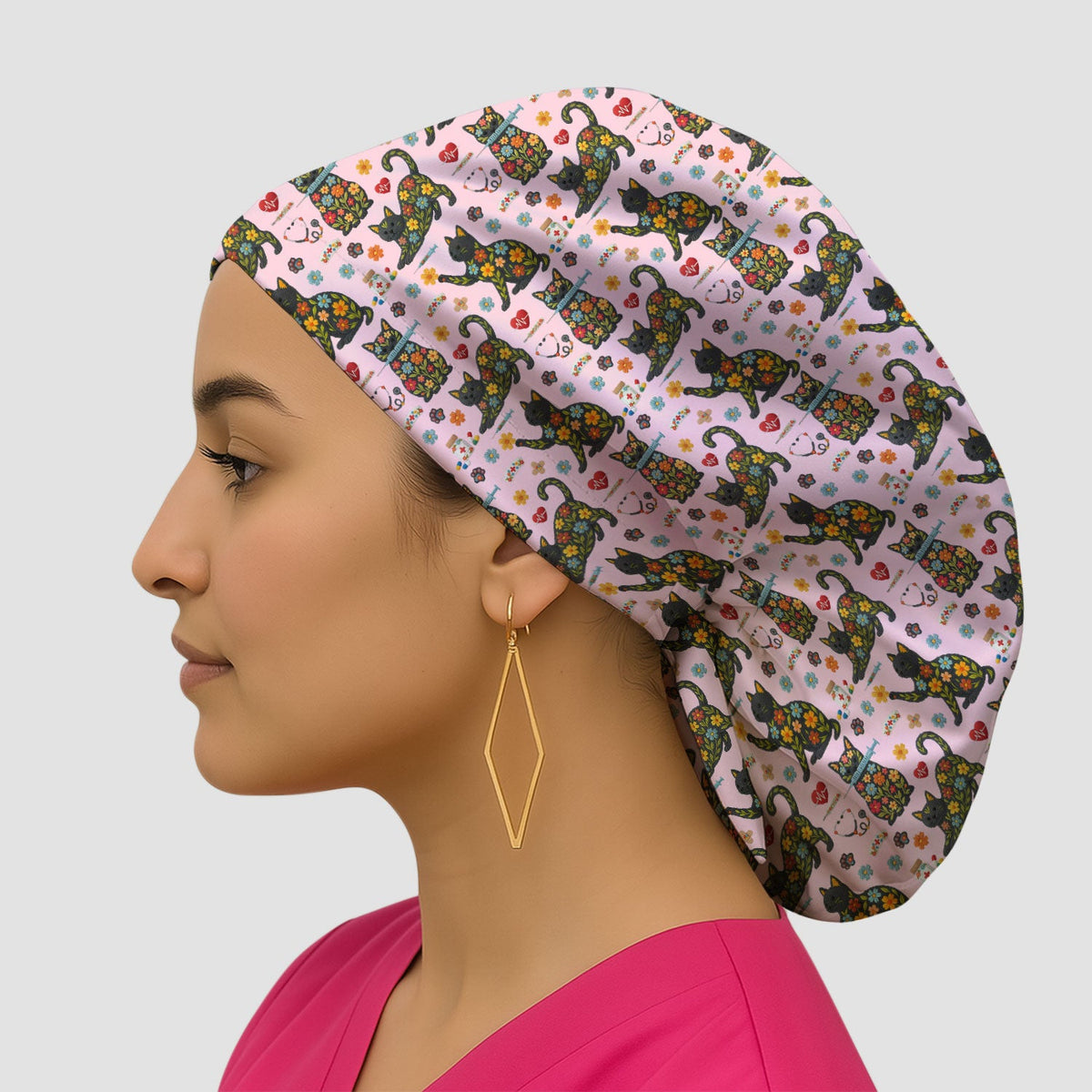 Floral Black Cat Scrub Cap