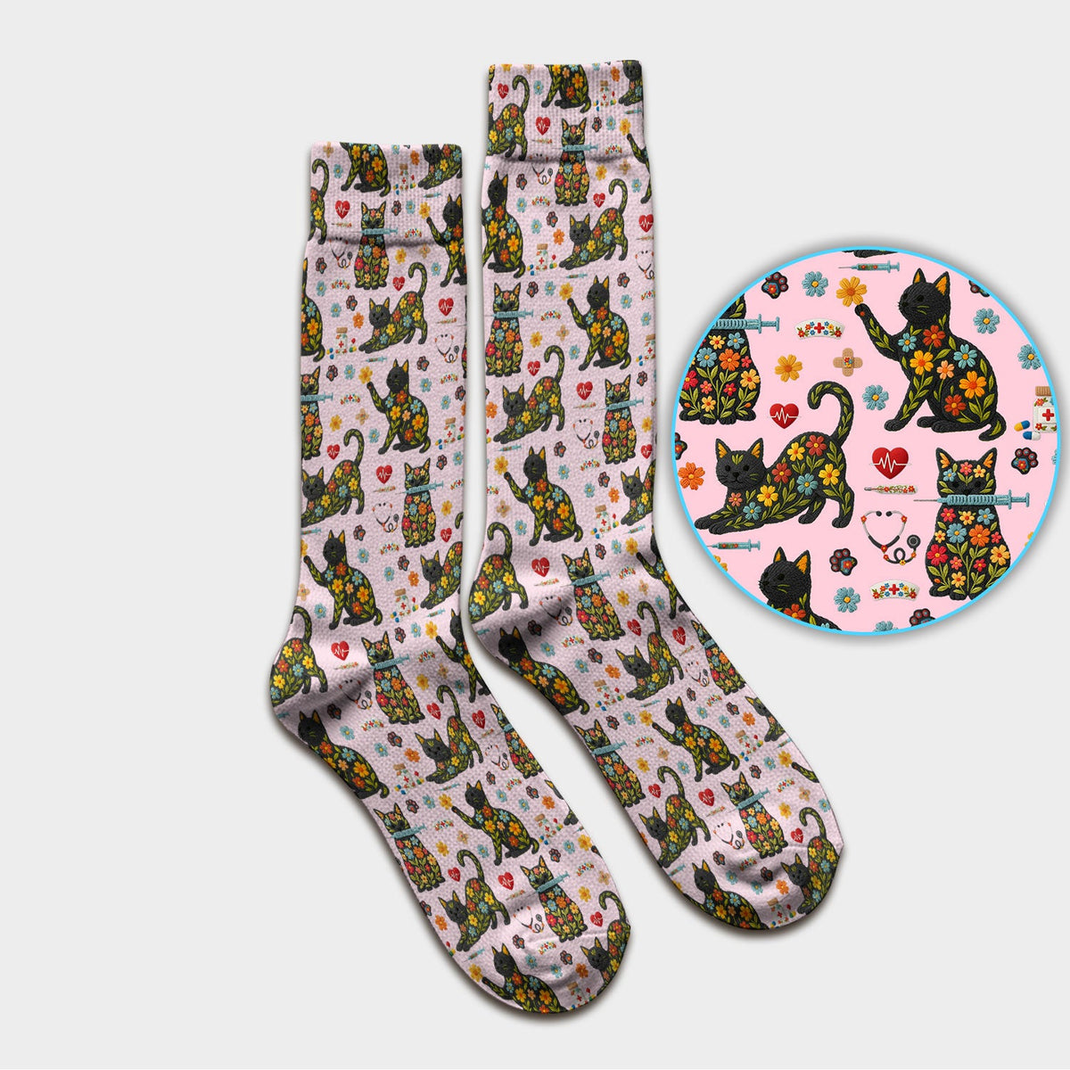 Floral Black Cat Nurse Socks