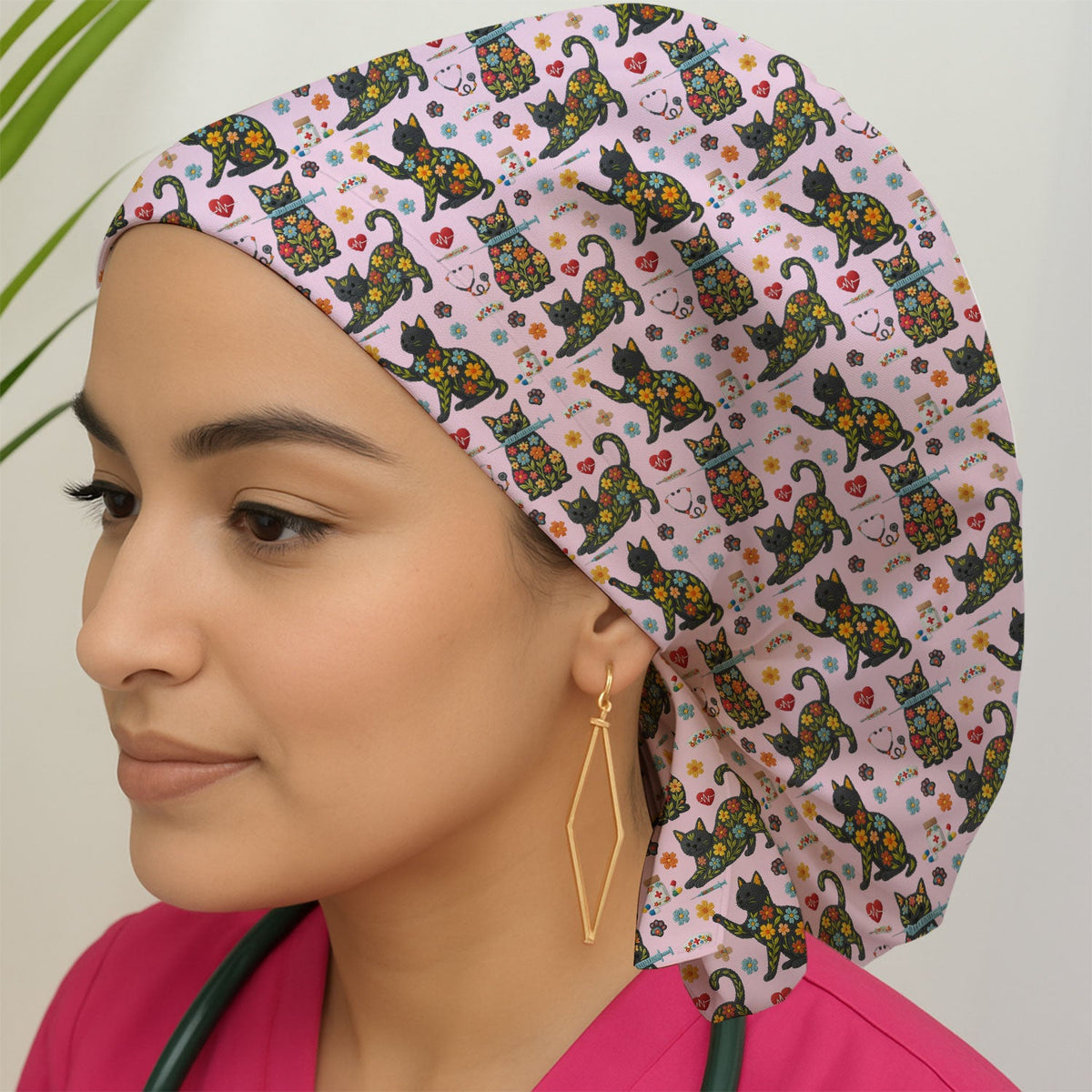 Floral Black Cat Scrub Cap