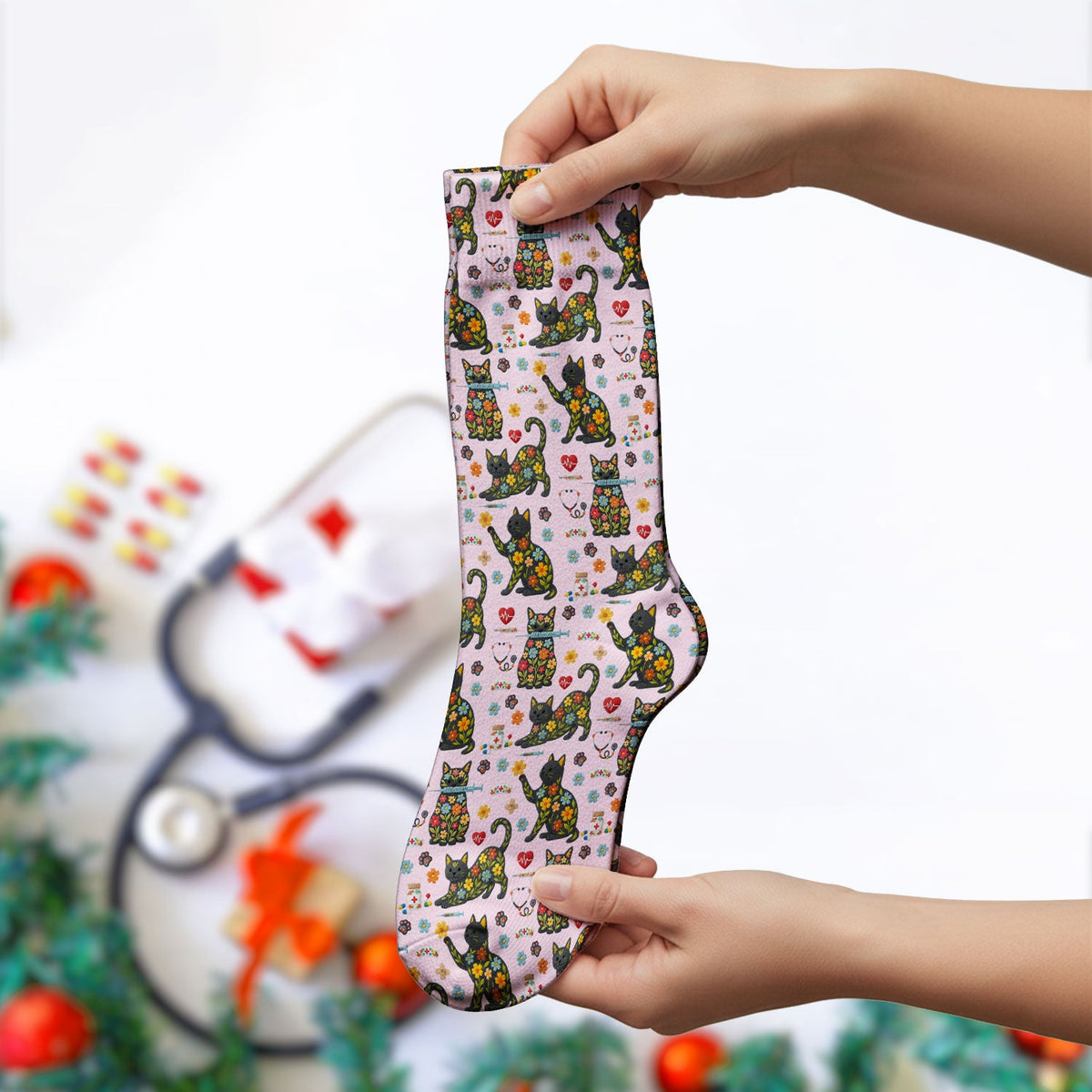 Floral Black Cat Nurse Socks
