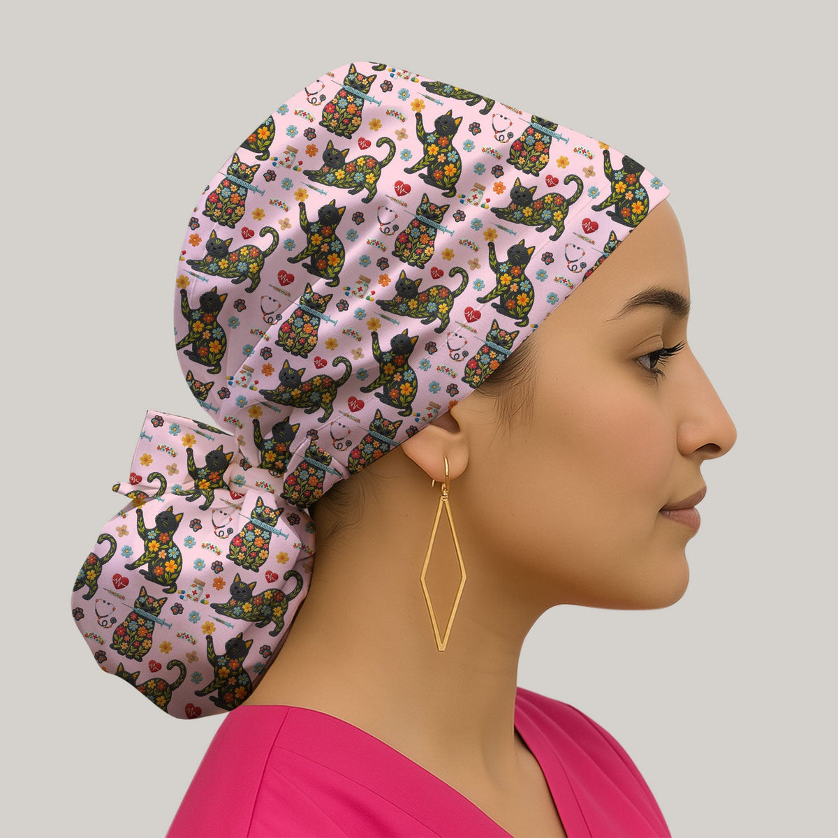 Floral Black Cat Scrub Cap