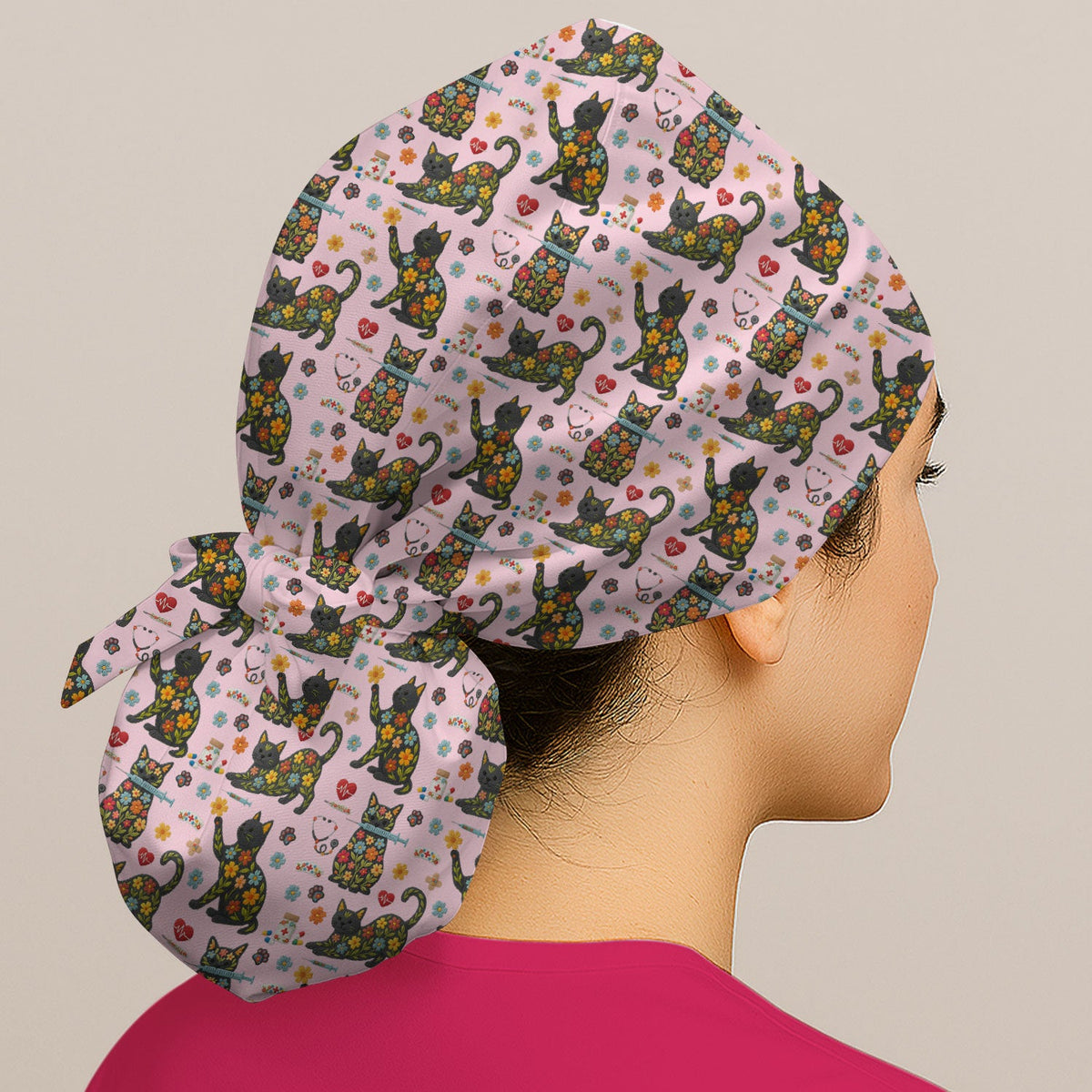 Floral Black Cat Scrub Cap