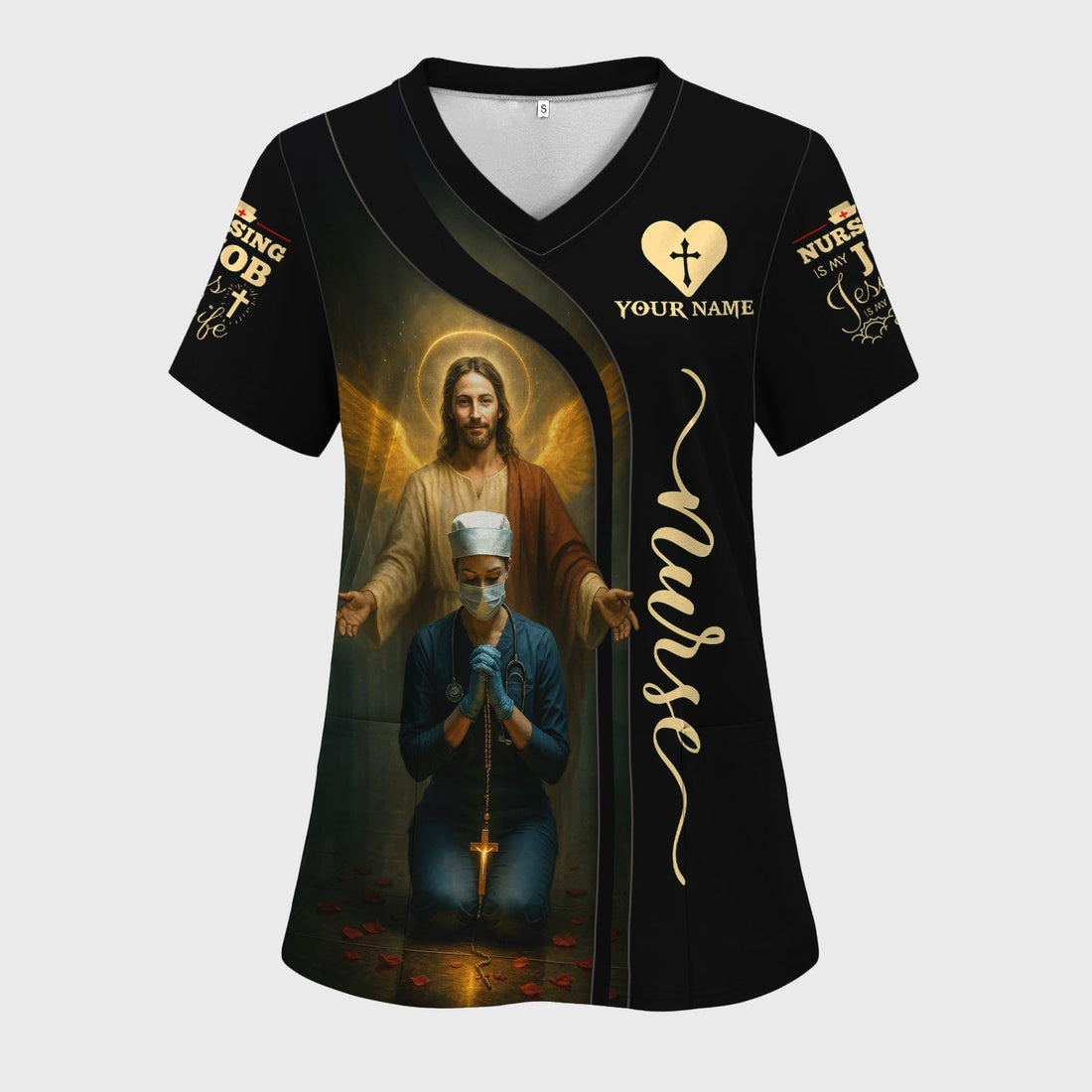 Personalized Jesus Watching Over Praying Nurse Scrub Top