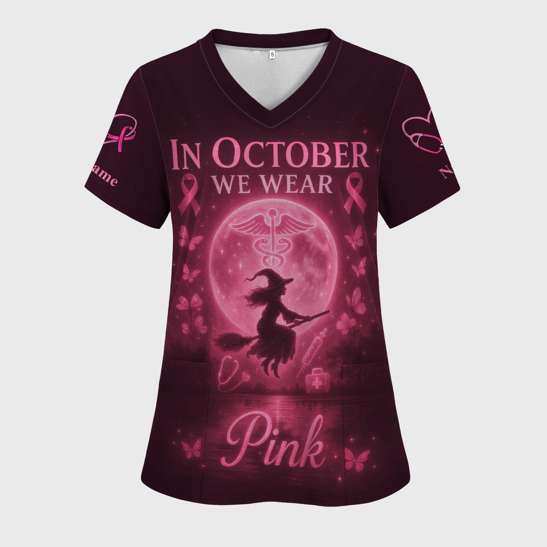 Personalized In October We Wear Pink Nurse Scrub Top