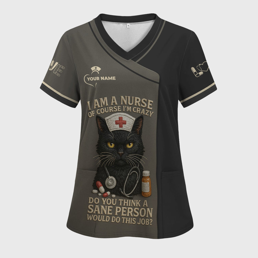 Personalized Crazy Black Cat Nurse Scrub Top
