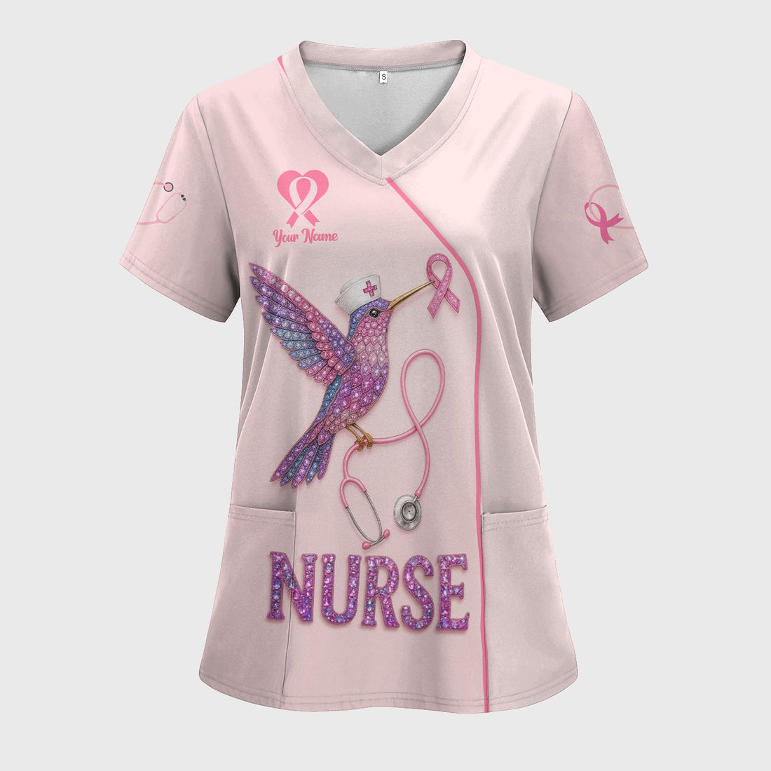 Personalized Breast Cancer Cute Hummingbird Nurse Scrub Top