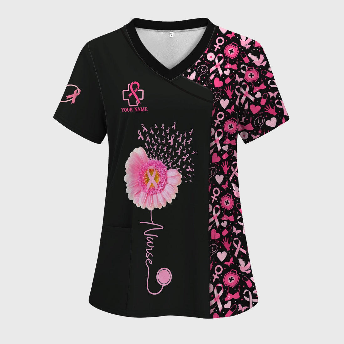 Personalized Breast Cancer Gerbera Daisy Nurse Scrub Top