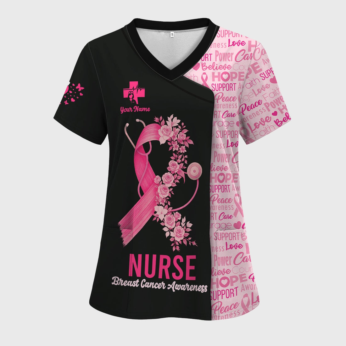 Personalized Breast Cancer Pink Ribbon Nurse Scrub Top