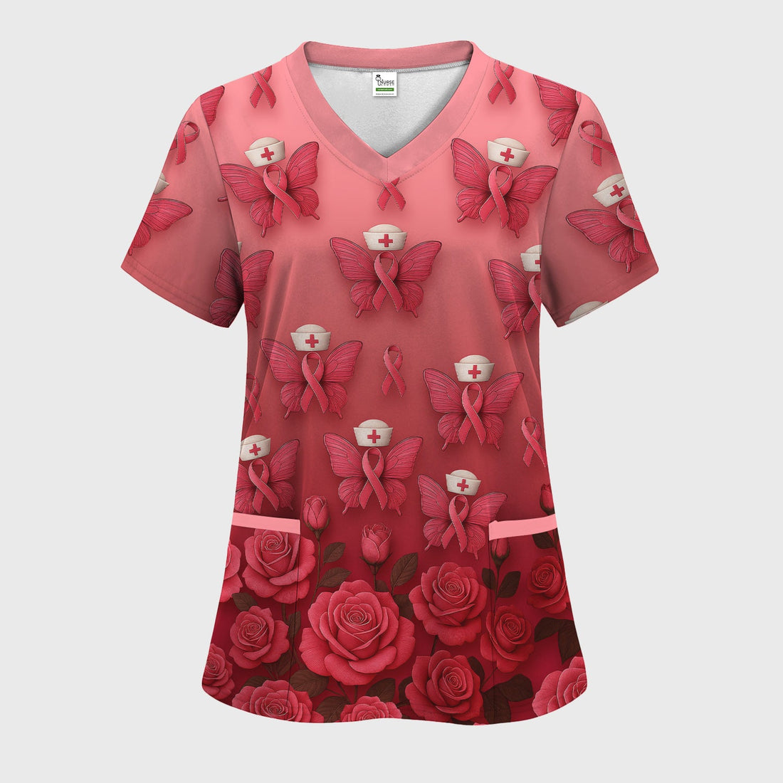 Pink Butterfly Breast Cancer Awareness Nurse Scrub Top