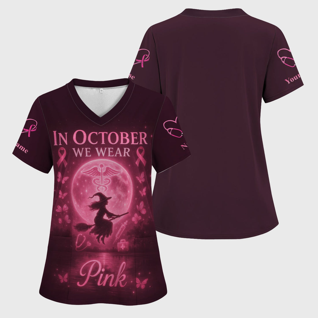 Personalized In October We Wear Pink Nurse Scrub Top