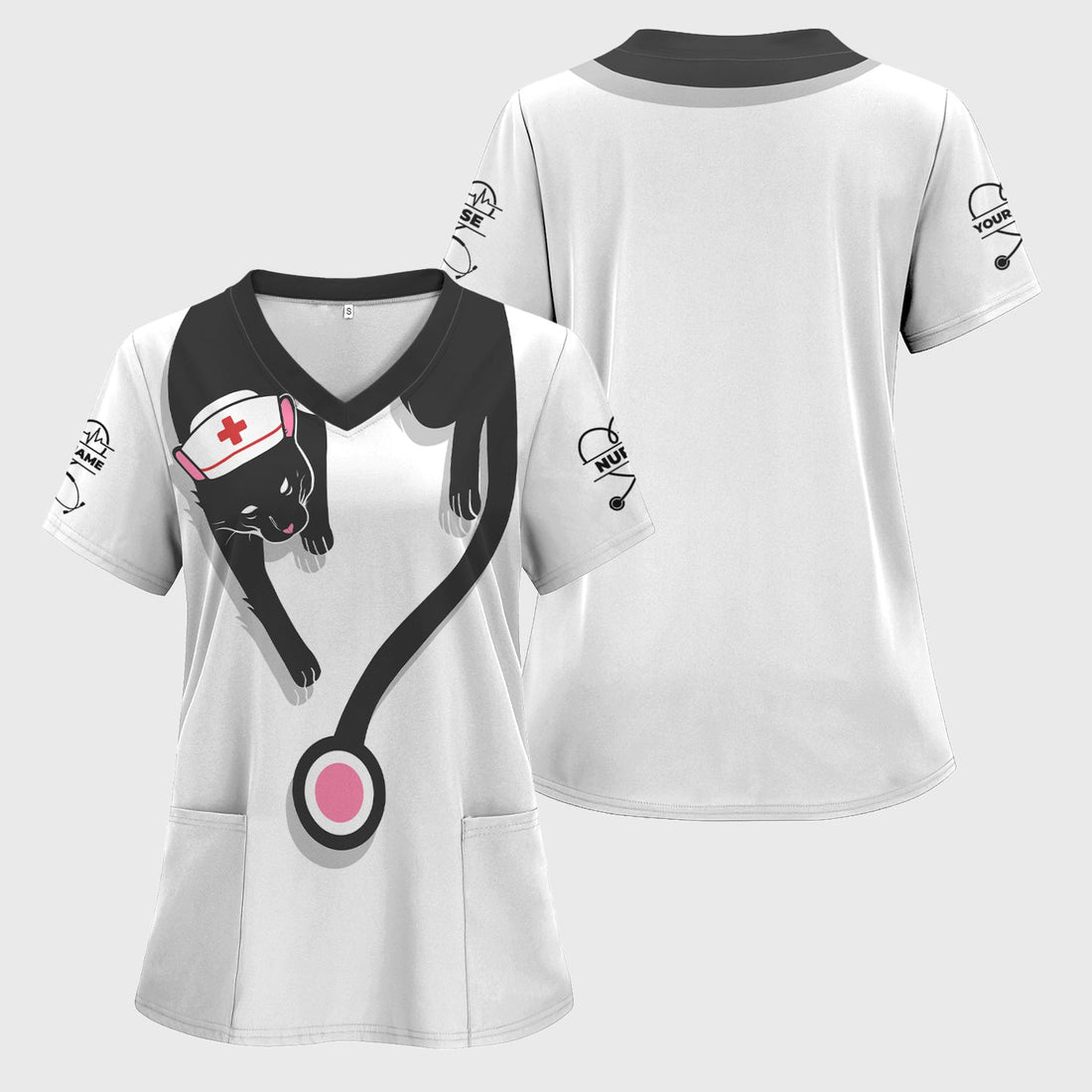 Personalized Black Cat Nurse Scrub Top