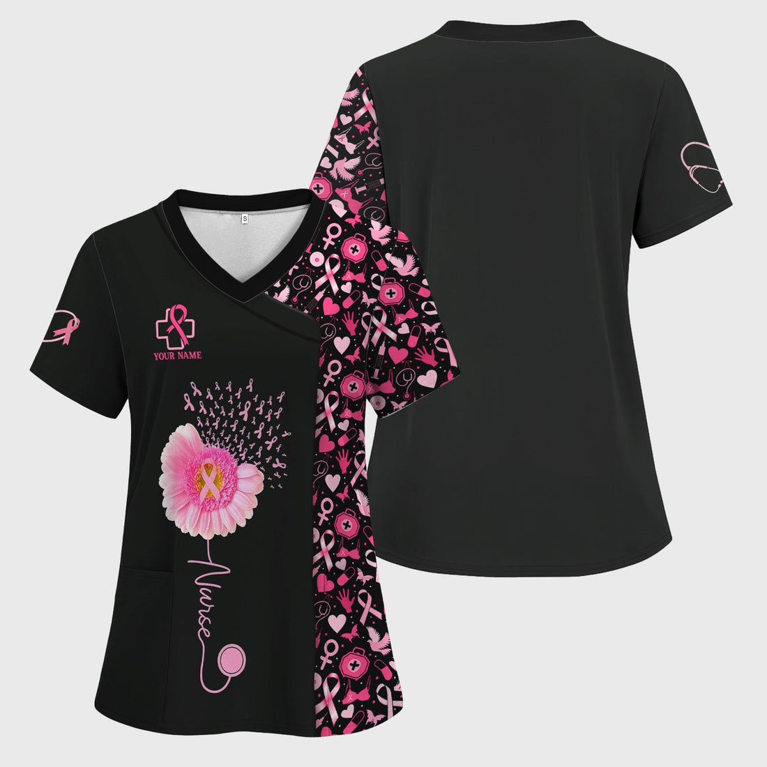 Personalized Breast Cancer Gerbera Daisy Nurse Scrub Top