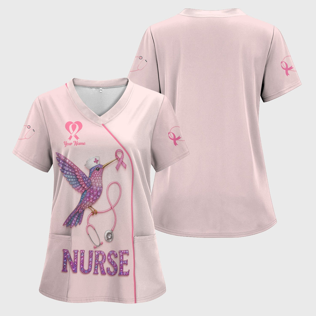 Personalized Breast Cancer Cute Hummingbird Nurse Scrub Top