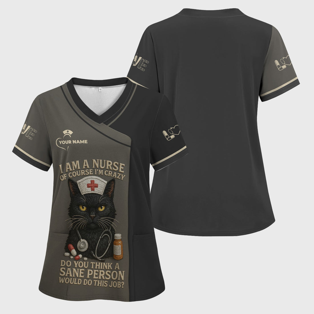 Personalized Crazy Black Cat Nurse Scrub Top
