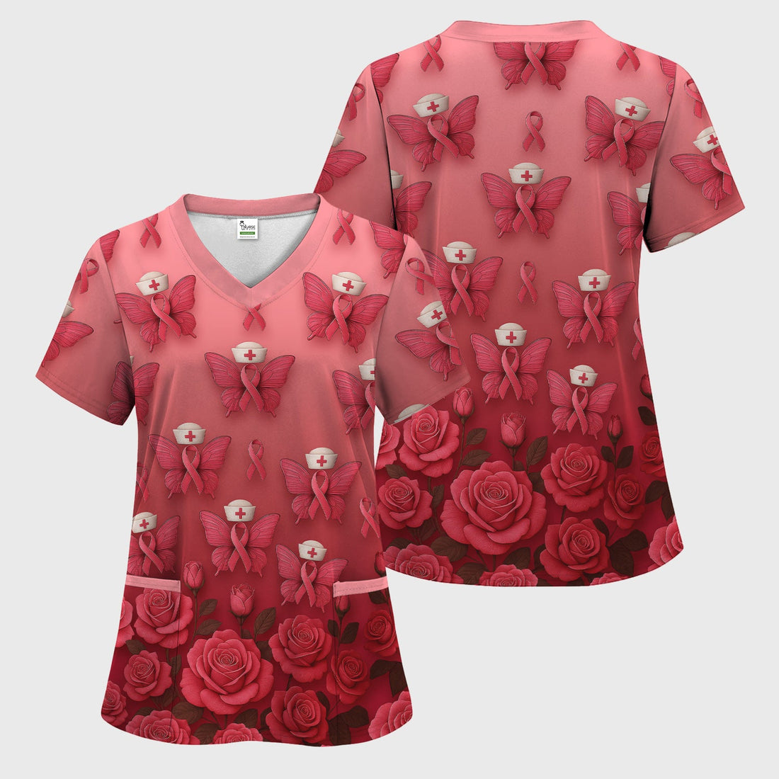 Pink Butterfly Breast Cancer Awareness Nurse Scrub Top