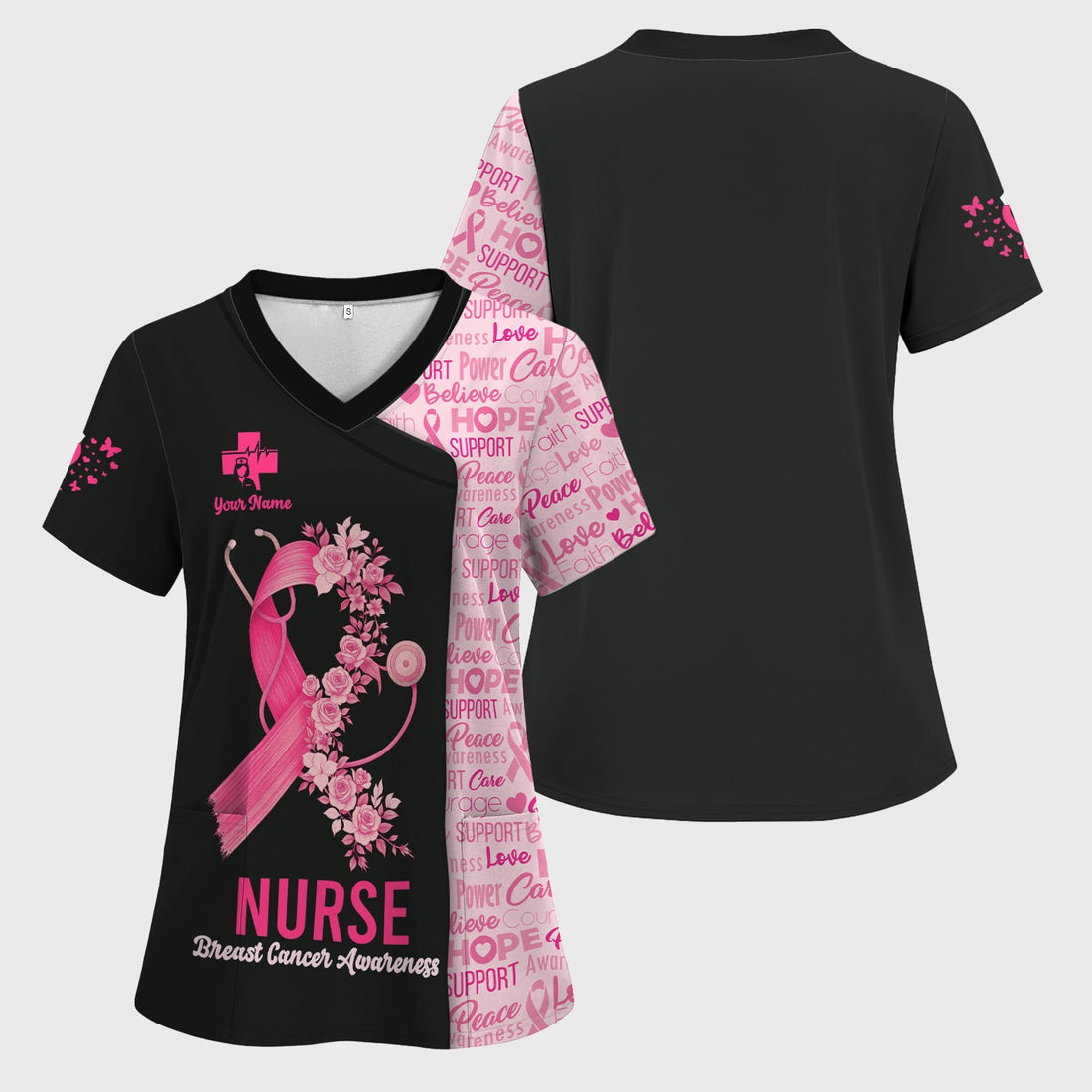 Personalized Breast Cancer Pink Ribbon Nurse Scrub Top
