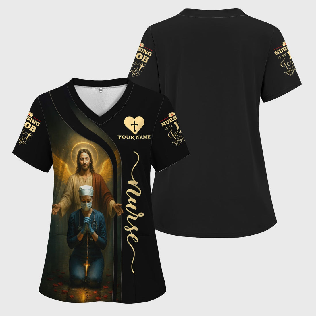 Personalized Jesus Watching Over Praying Nurse Scrub Top
