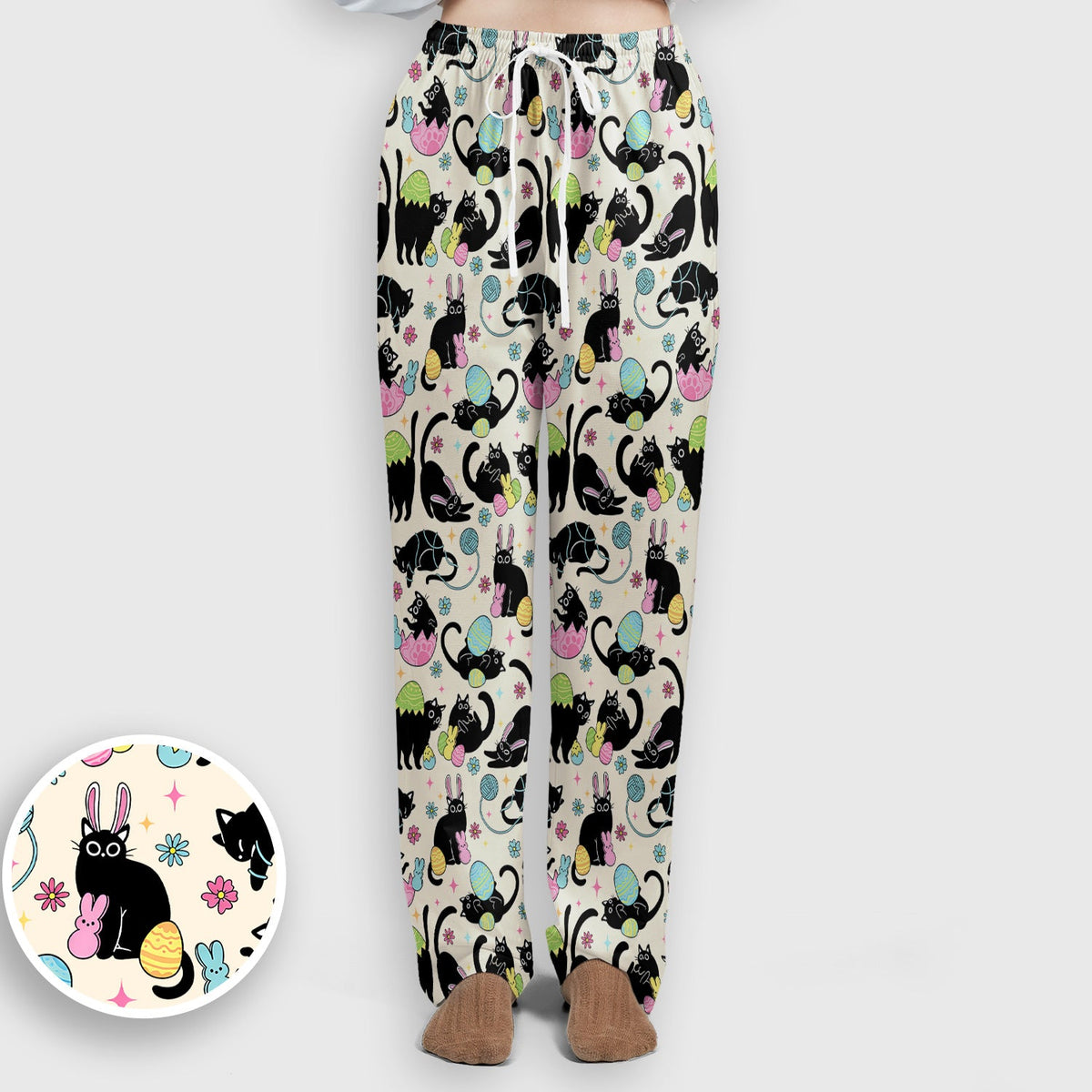 Funny Easter Black Cat Egg Pattern Scrub Set, Scrub Pants and V Neck Top