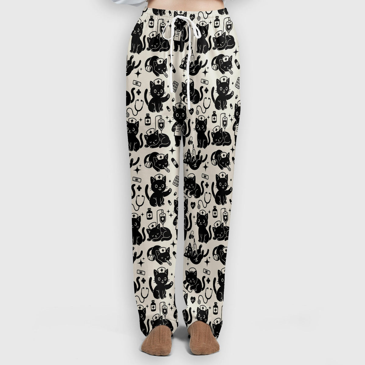 Cute White Black Cat Nurse Scrub Set
