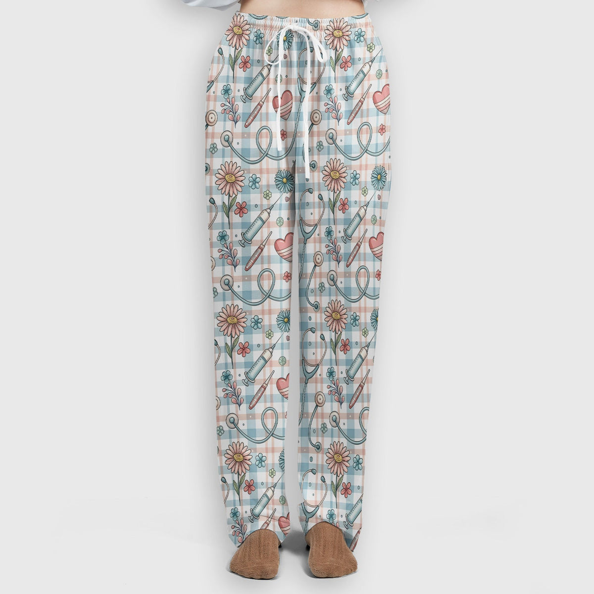 Stethoscope Heart Syringe Floral Plaid Nurse Scrub Set