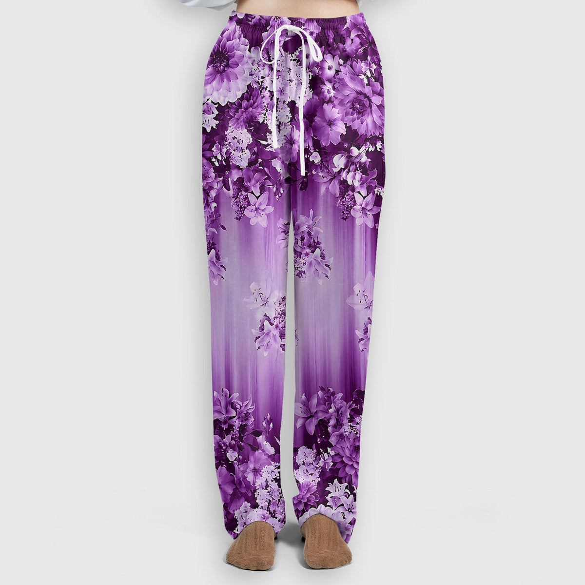 Purple Blossom Garden Pattern Scrub Set, Scrub Pants and V Neck Top