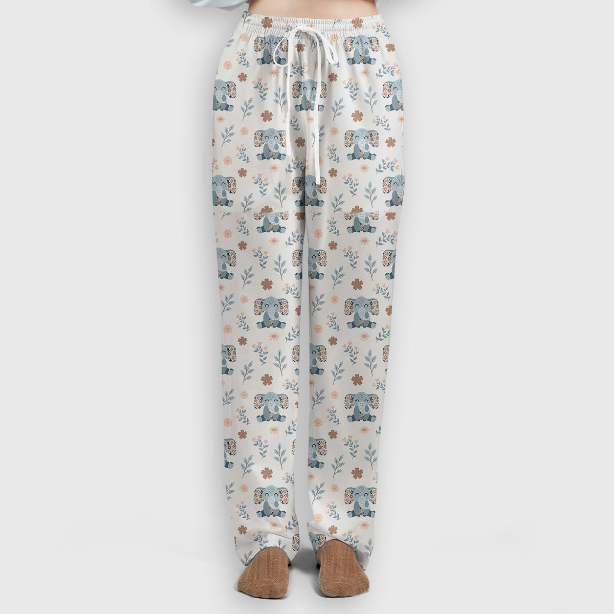 Cute Elephant Floral Print Scrub Set, Scrub Pants and V Neck Top