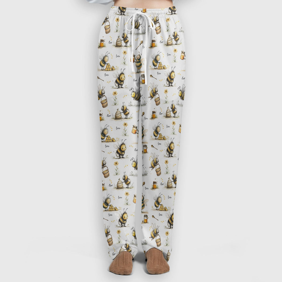 Cute Honey Bee Jar Garden Pattern Scrub Set, Scrub Pants and V Neck Top