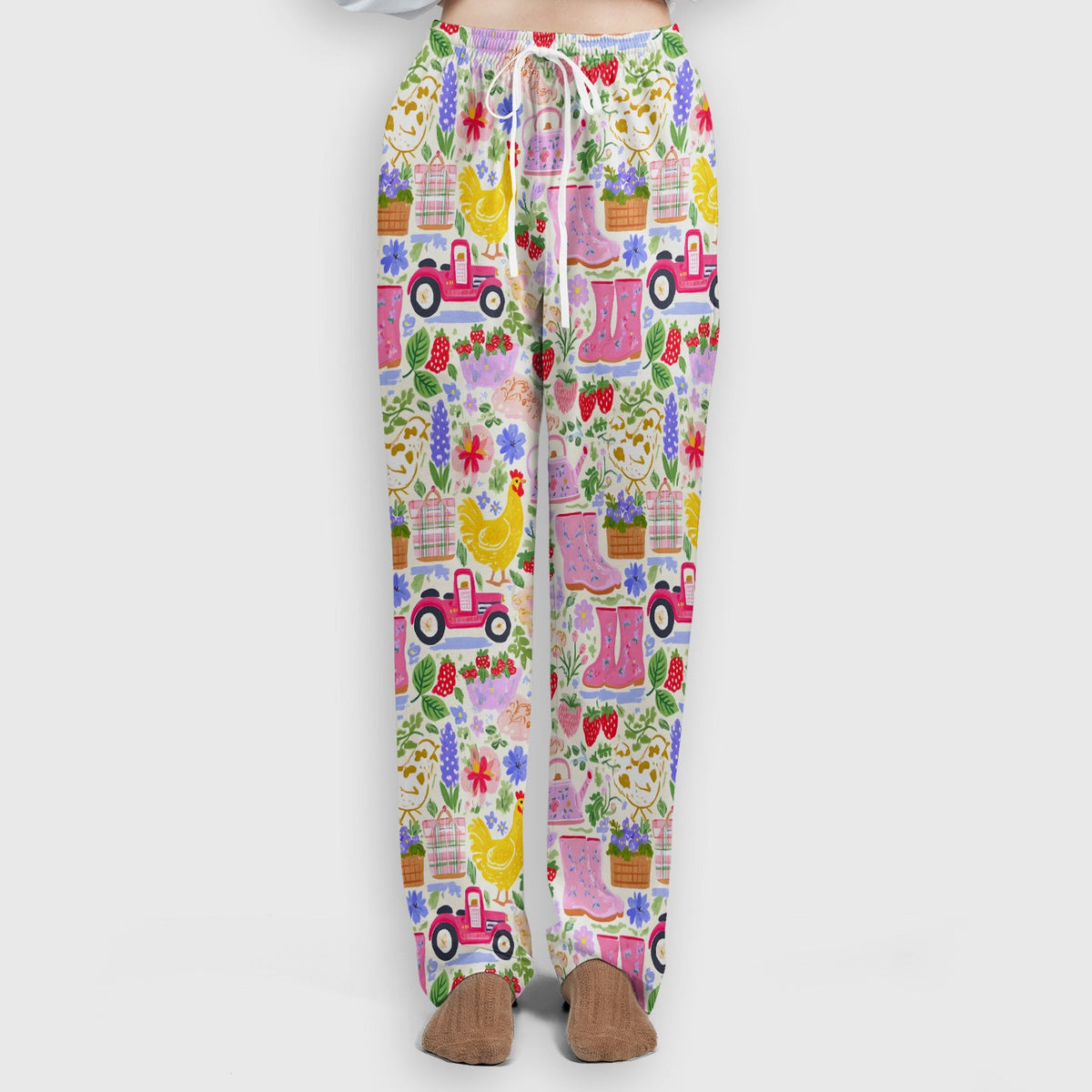 Cute Farm Garden Chicken Pattern Scrub Set, Scrub Pants and V Neck Top
