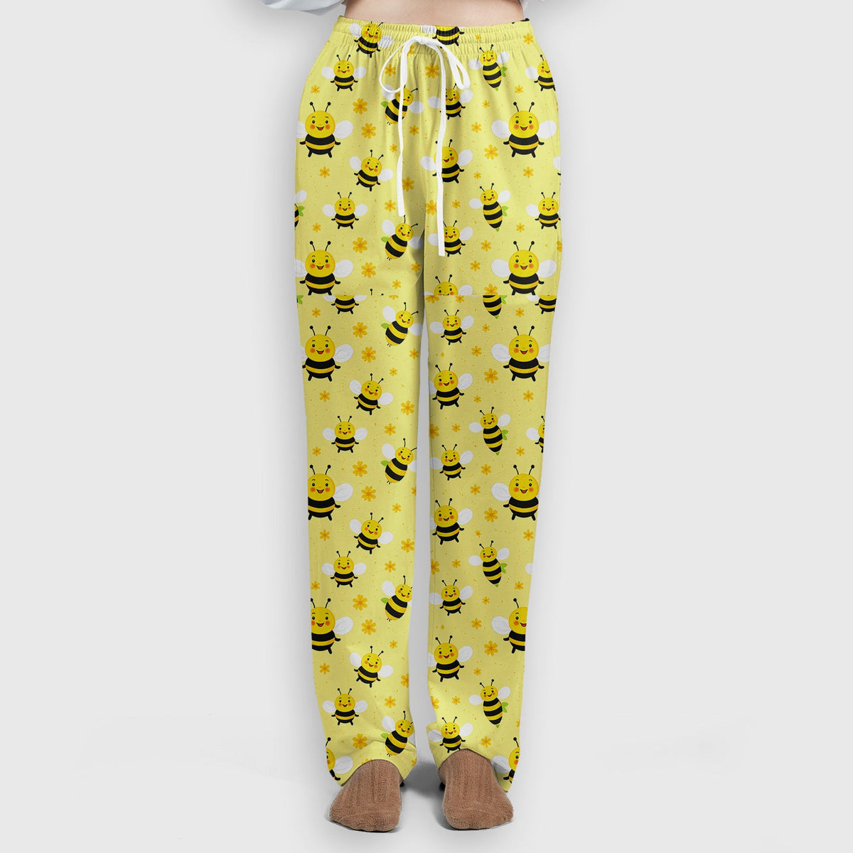 Cute Smiling Bee Yellow Floral Print Sets, Breathable Med Uniform