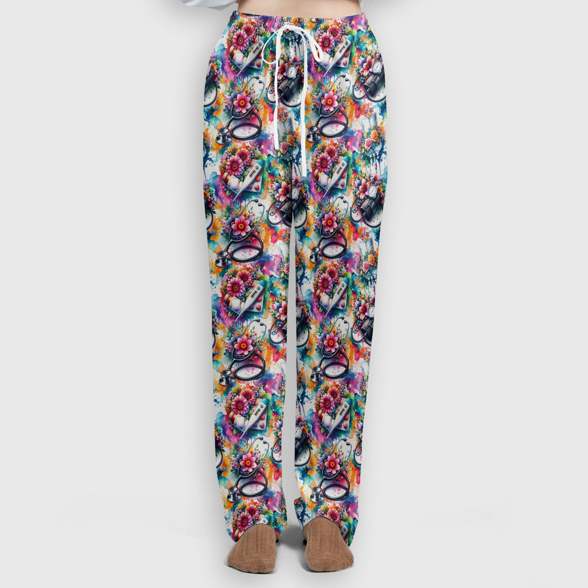 Colorful Medical Tools Floral Nurse Scrub Set