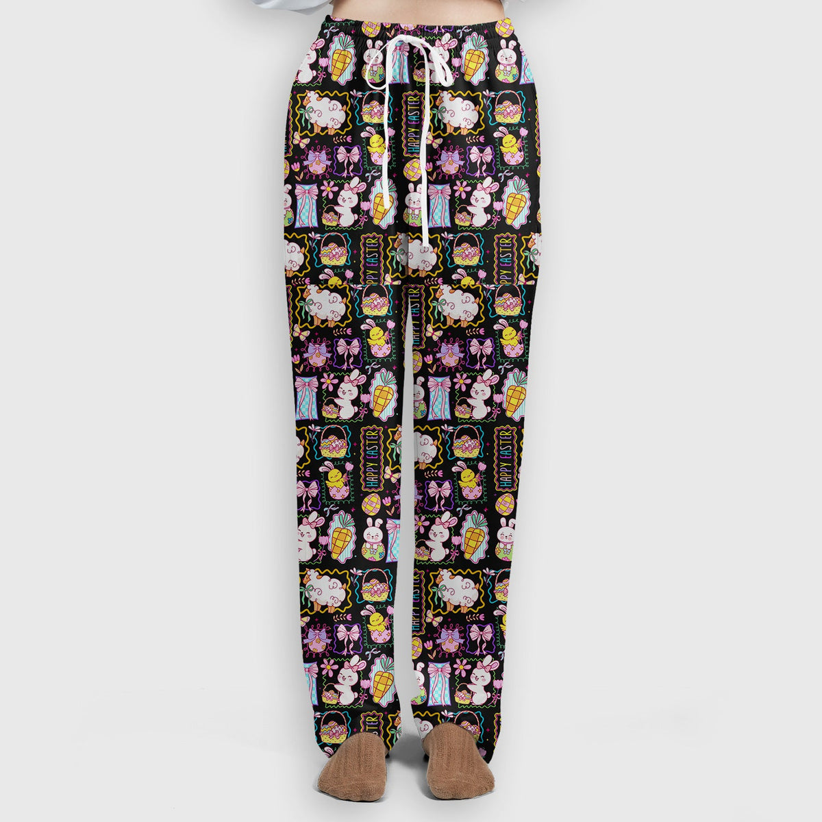 Cute Easter Bunny Egg and Bow Print Scrub Set, Scrub Pants and V Neck Top