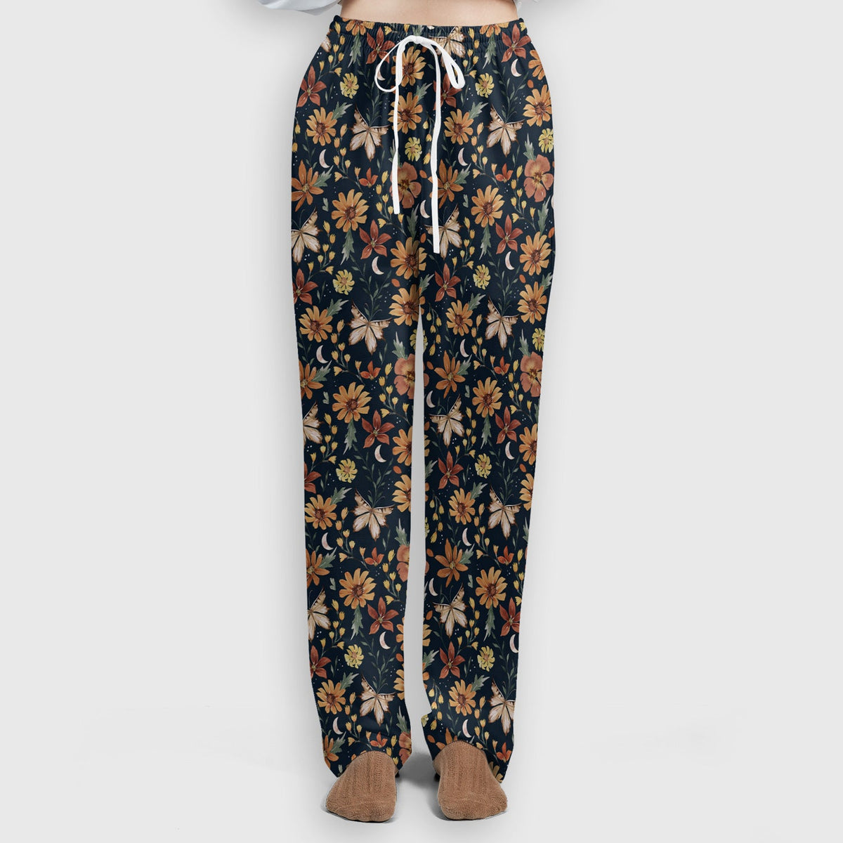 Charming Autumn Floral Butterfly Moon Pattern Scrub Set, Scrub Pants and V Neck Top