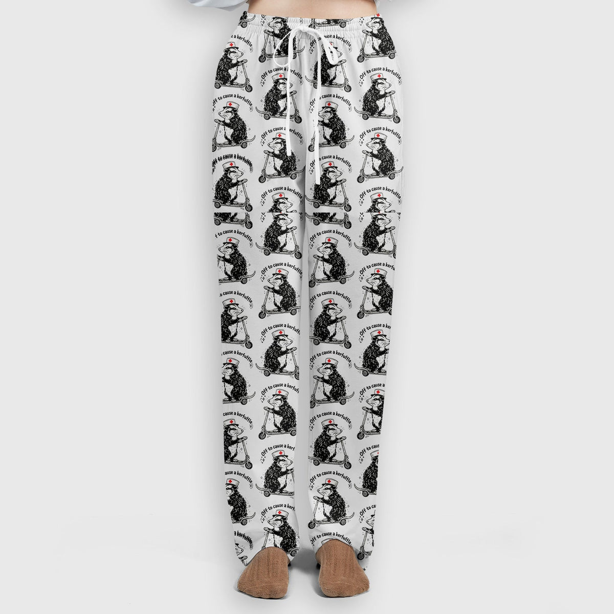 Funny Opossum Nurse Riding Scooter Pattern Scrubs Set, Breathable Med Uniform