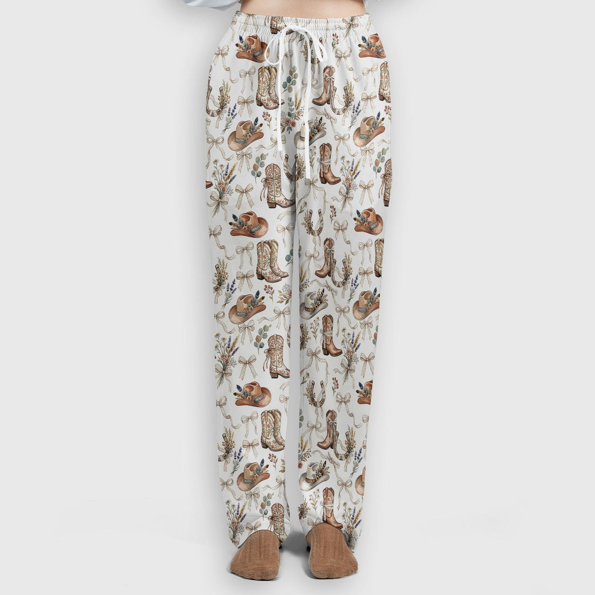 Western Cowboy Boots Hat Floral Pattern Scrub Set, Scrub Pants and V Neck Top