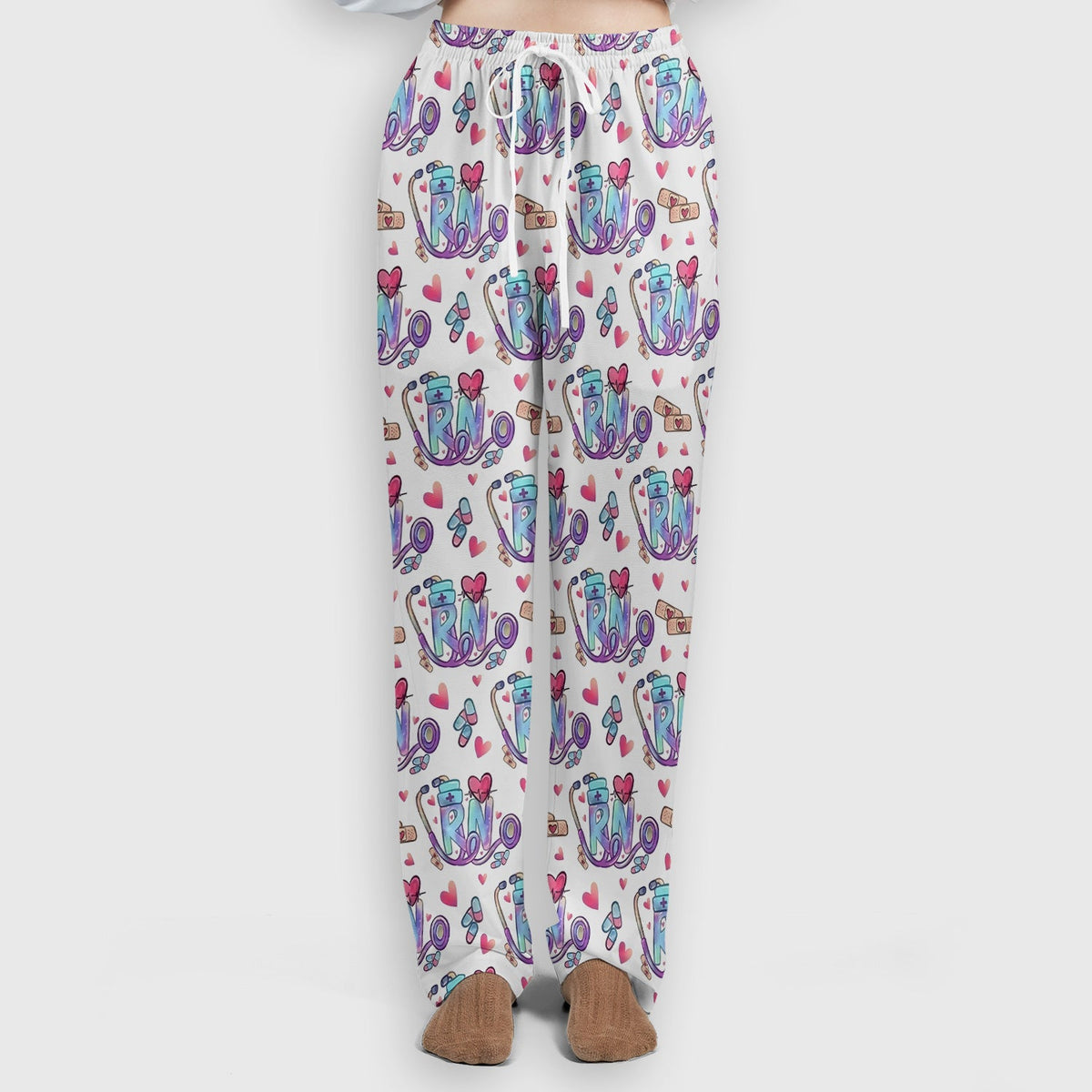 Nurse Life RN Heart Pattern Scrub Set, Scrub Pants and V Neck Top