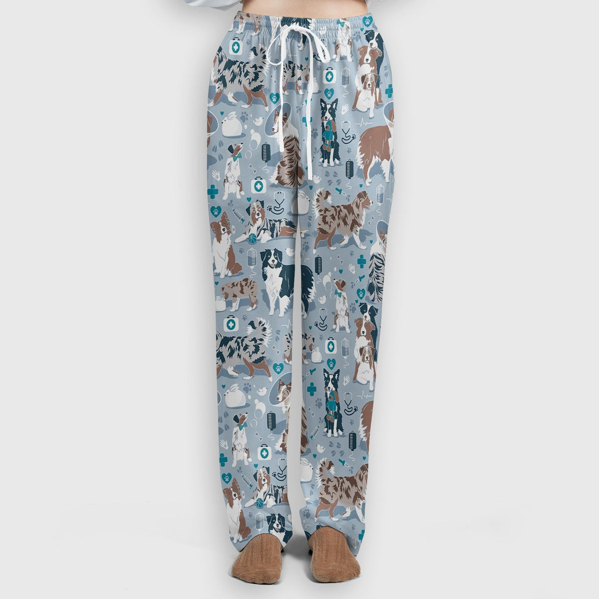 Cute Dog Pattern Women's Veterinary Scrub Set, Scrub Pants and V Neck Top