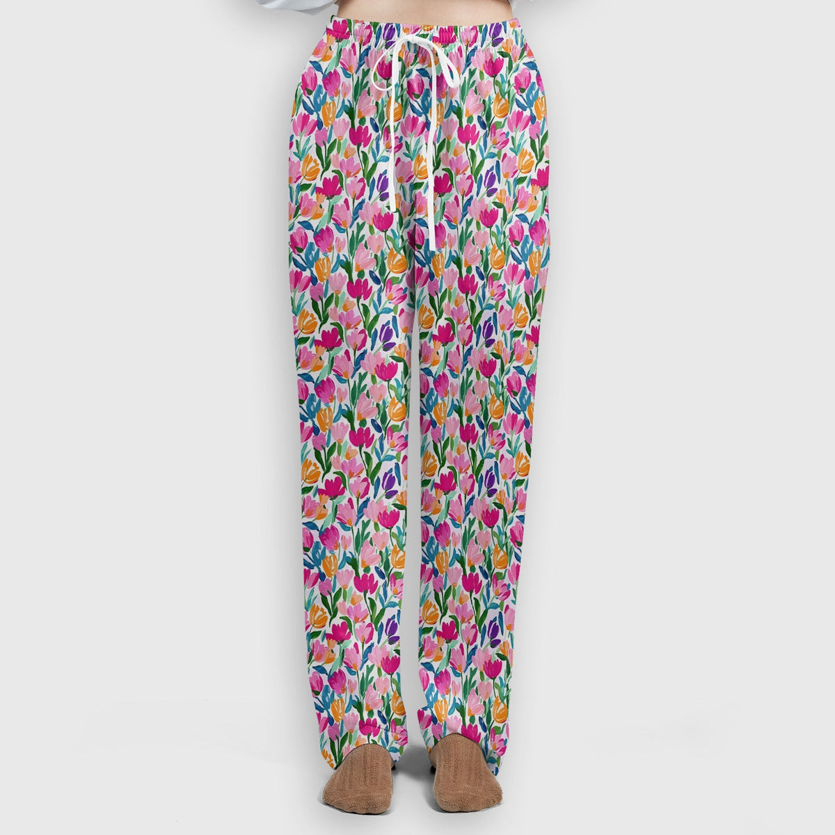 Vibrant Tulip Meadow Pattern Scrub Set, Scrub Pants and V Neck Top