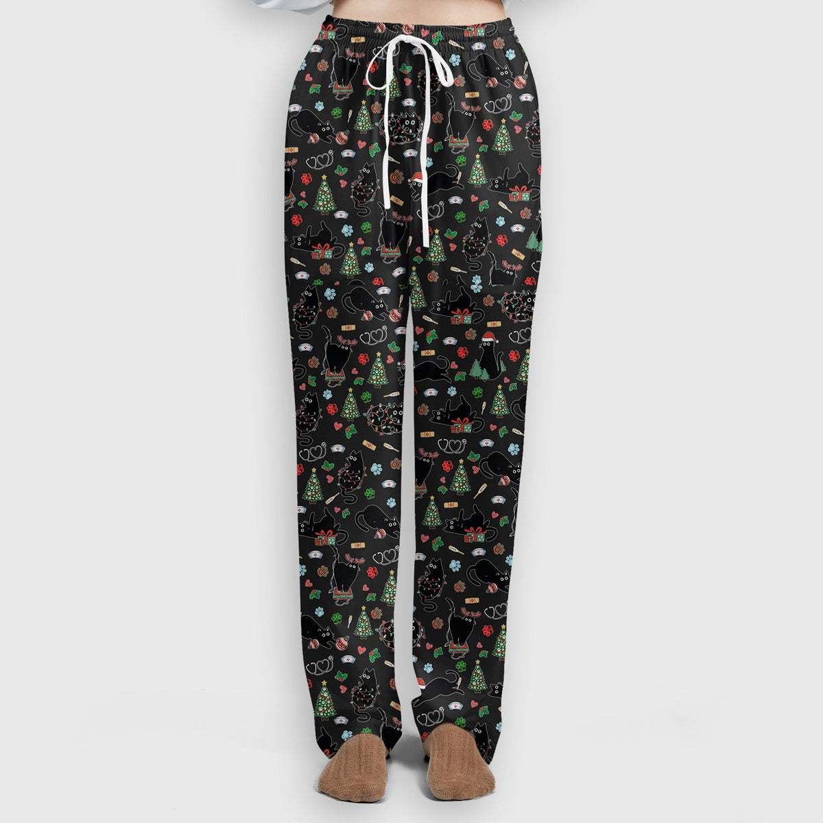 Black Cat Christmas Nurse Scrub Set, Festive Kitty Medical Uniform for Women