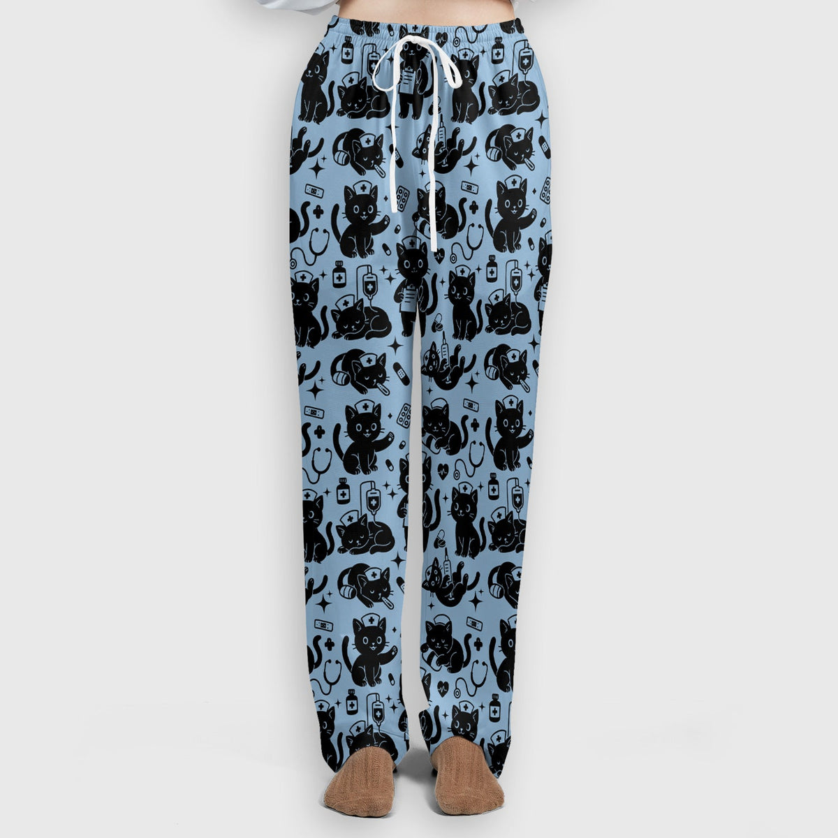 Cute White Black Cat Nurse Scrub Set