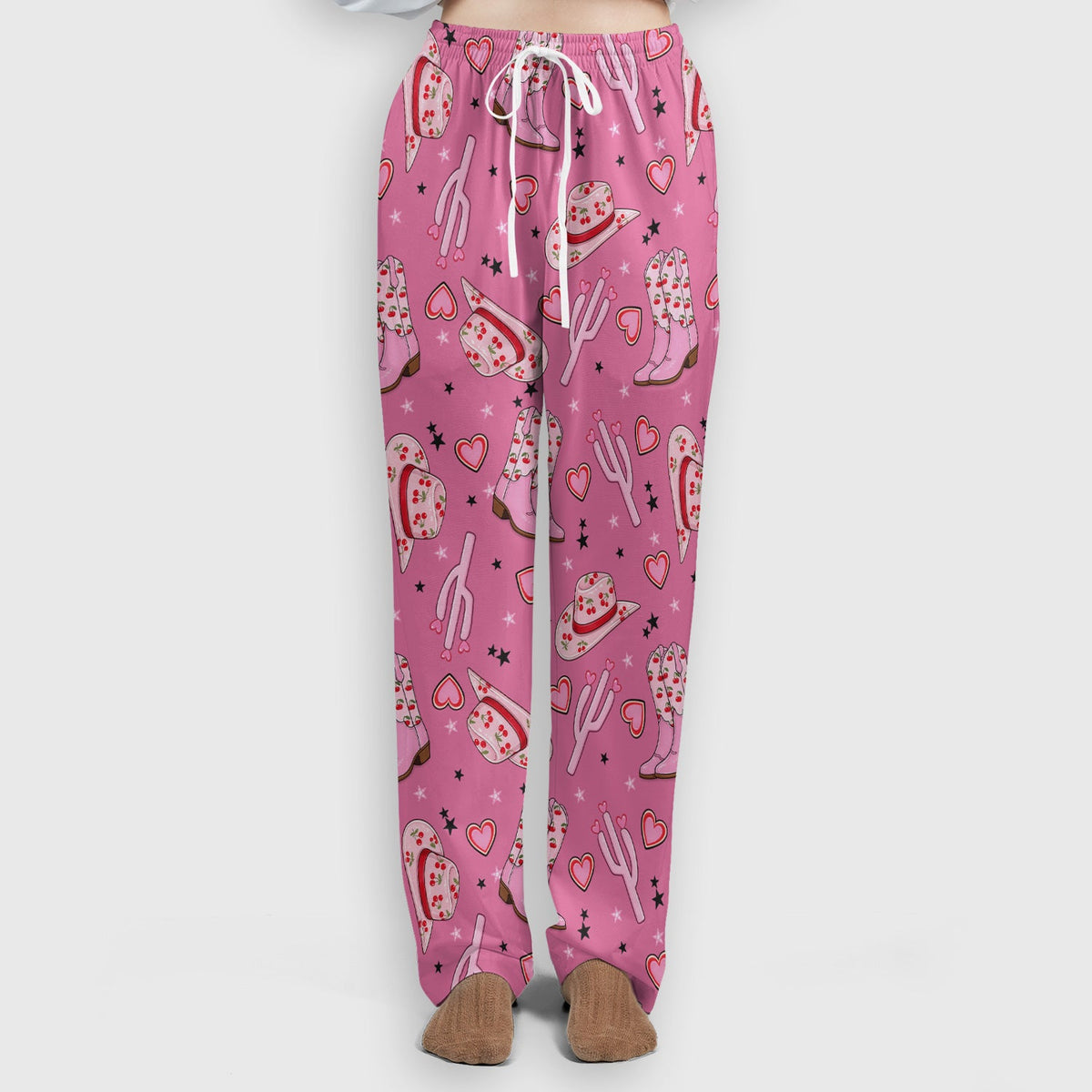 Pink Cowgirl Western Boots Hat Pattern Scrub Set, Scrub Pants and V Neck Top