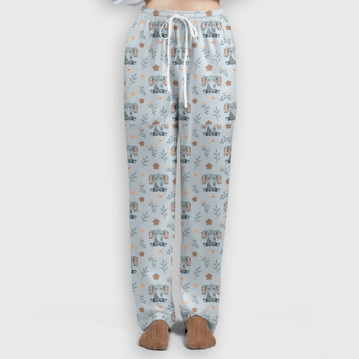 Cute Elephant Floral Print Scrub Set, Scrub Pants and V Neck Top